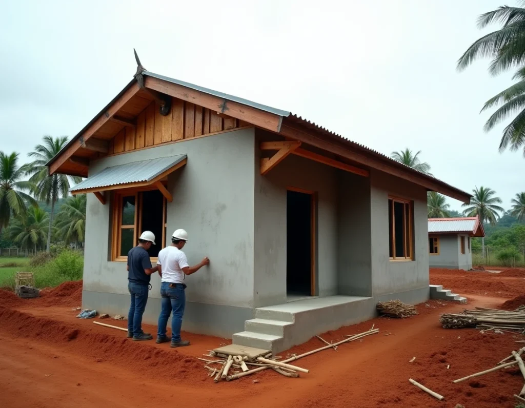 Construction d'une maison économique en Thaïlande avec des ouvriers locaux sur un terrain rural