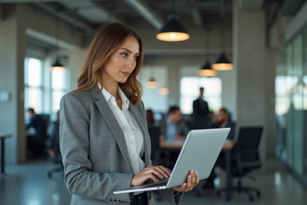 Femme gestionnaire LMNP consultant un portail d'enregistrement administratif sur un ordinateur dans un espace de coworking moderne