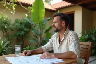 Un expatrié français examine des plans de construction devant une maison thaïlandaise à petit budget