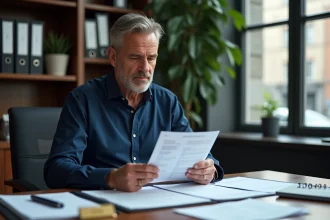 Propriétaire LMNP examinant des documents d'inscription RCS et obligations administratives sur un bureau en bois