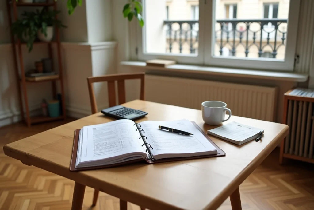 Table d'appartement meublé avec des formulaires administratifs LMNP, calculatrice et documents fiscaux pour l'inscription RCS