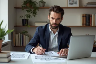 Un homme français consultant des documents immobiliers pour acheter un appartement à Marrakech depuis la France