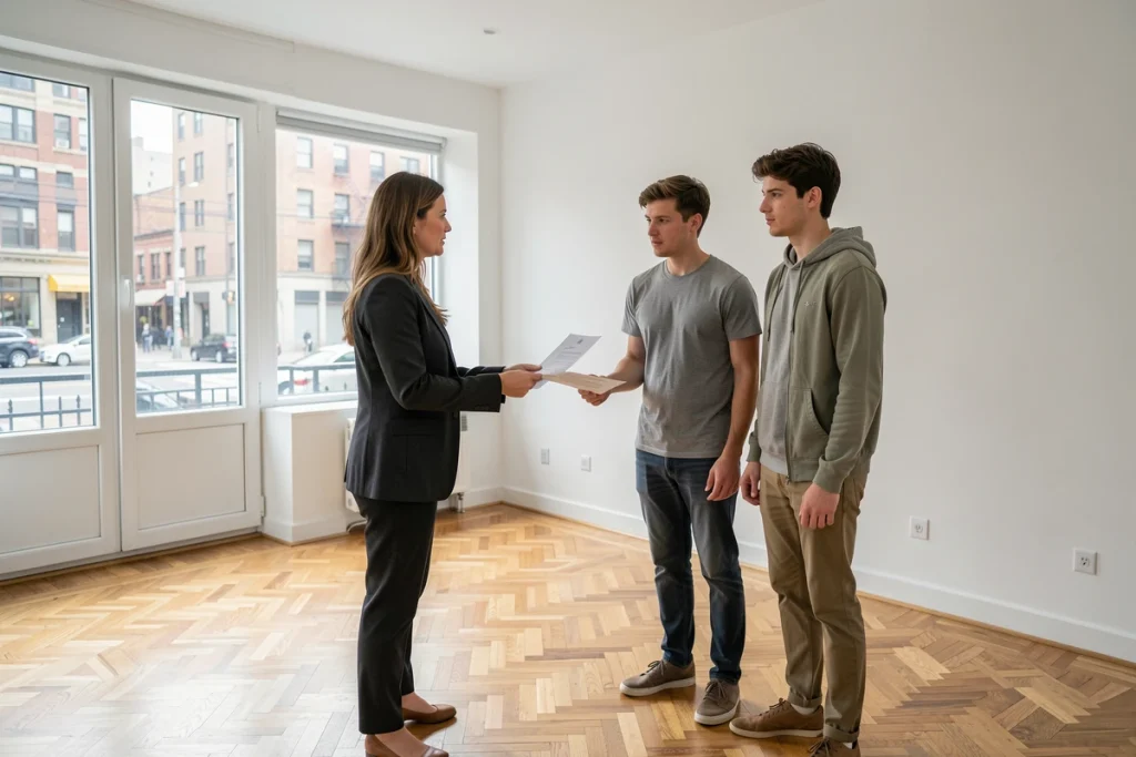 Agent immobilier présentant un contrat de location avec garantie loyer impayé à un jeune couple