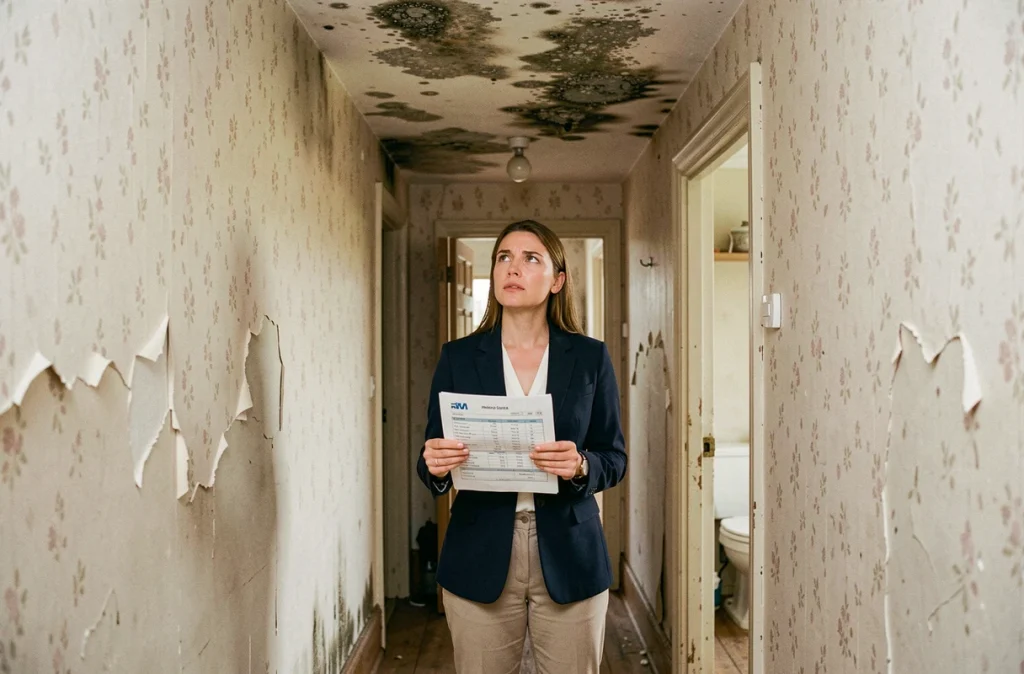 Agent immobilier constatant des traces de moisissures au plafond d'une maison ancienne lors d'une évaluation de bien en litige