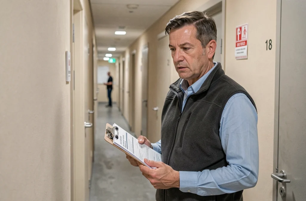 Agent de l'office public de l'habitat effectuant une inspection dans un couloir d'immeuble de logement social à Levallois