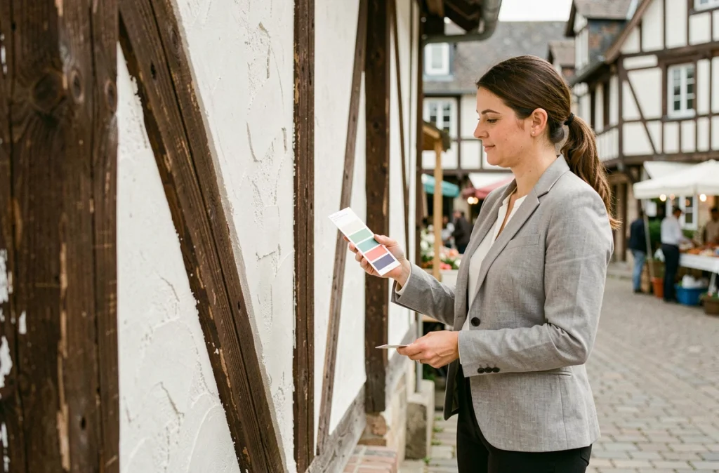 Architecte inspectant une façade à colombages restaurée en Normandie, avec des poutres en bois sombre et un enduit à la chaux blanc traditionnel