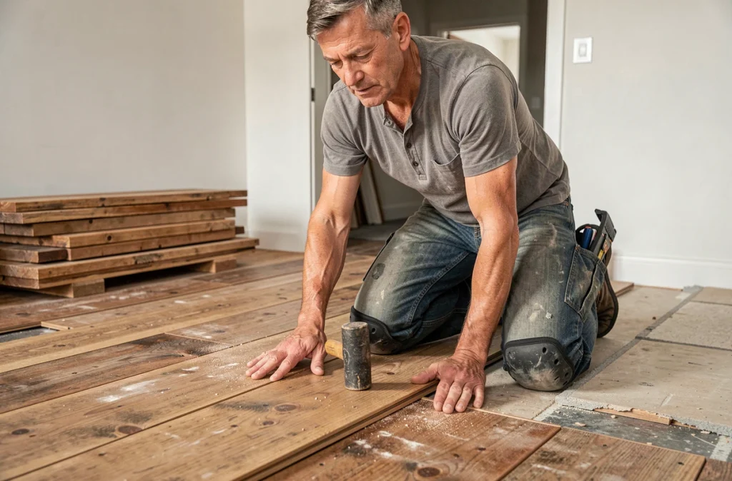 Artisan posant un parquet en bois récupéré lors d'une rénovation de sol durable dans une maison résidentielle