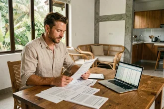 Expatrié occidental calculant son budget de location d'appartement en Thaïlande avec des reçus et un ordinateur portable sur un bureau en bois