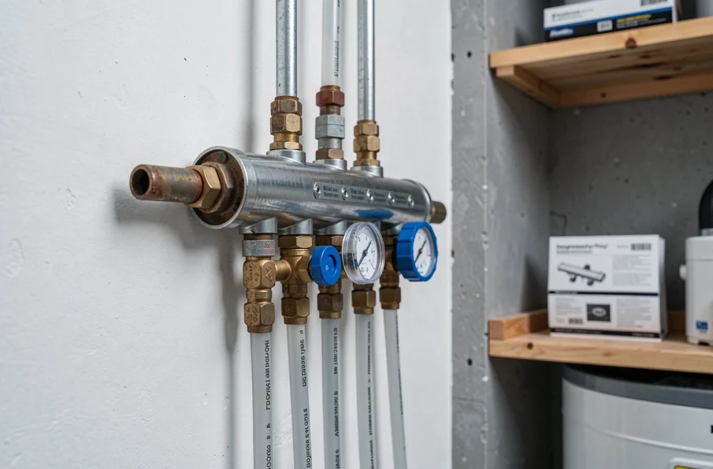 Collecteur de distribution pour chauffage au sol hydraulique avec vannes et tubes PEX dans une chaufferie