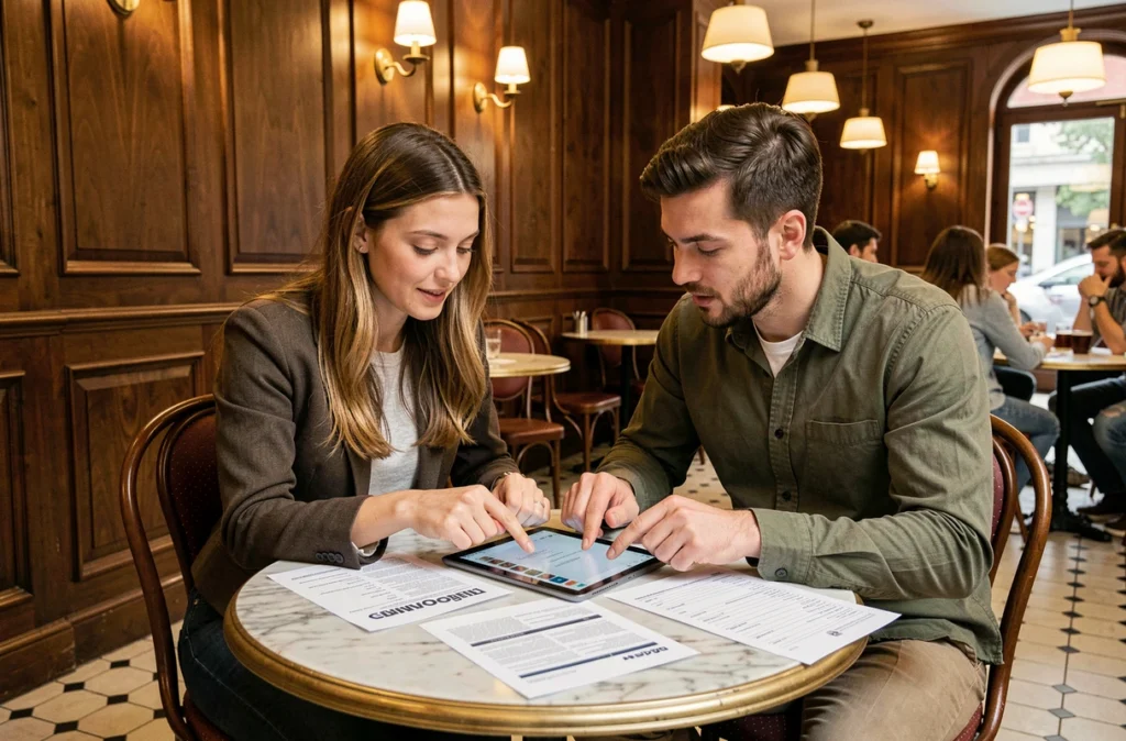 Deux colocataires étudiant des annonces de location immobilière ensemble dans un café parisien typique