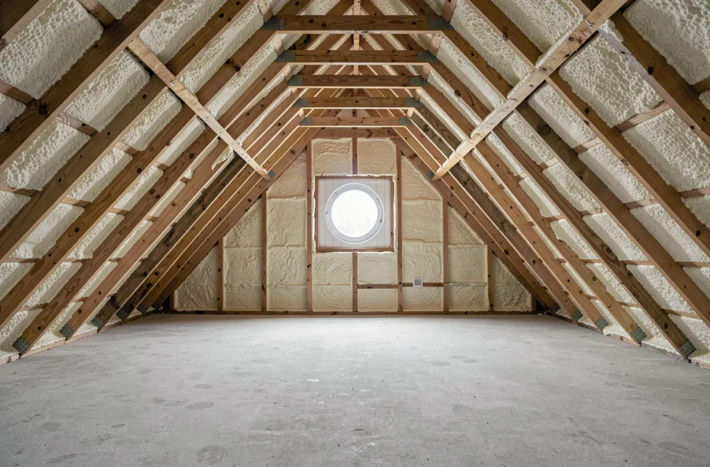 Vue intérieure des combles d'une maison en rénovation montrant l'isolation en mousse polyuréthane entre les chevrons pour optimiser les performances thermiques