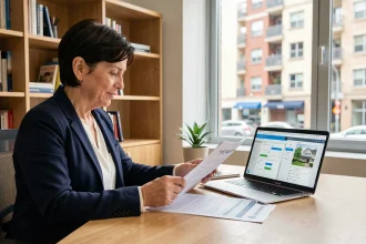 Propriétaire immobilier comparant les logiciels Itea et Gestloc sur un ordinateur portable dans un bureau moderne