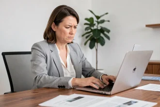 Femme comparant deux simulateurs d'évaluation immobilière en ligne sur des ordinateurs portables dans un bureau à domicile moderne