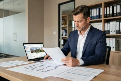 Conseiller immobilier analysant les documents d'un programme immobilier Akerys pour vérifier sa solidité financière