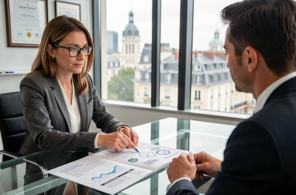 Conseillère financière présentant un rapport d'analyse d'un programme immobilier à un investisseur en réunion