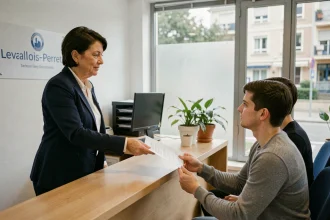 Conseillère de l'office public de logement social à Levallois-Perret accueillant un couple de demandeurs au guichet