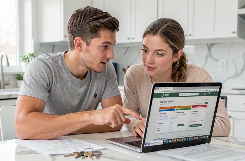 Jeune couple comparant des simulateurs gratuits d'évaluation immobilière en ligne autour d'un ordinateur portable dans leur cuisine