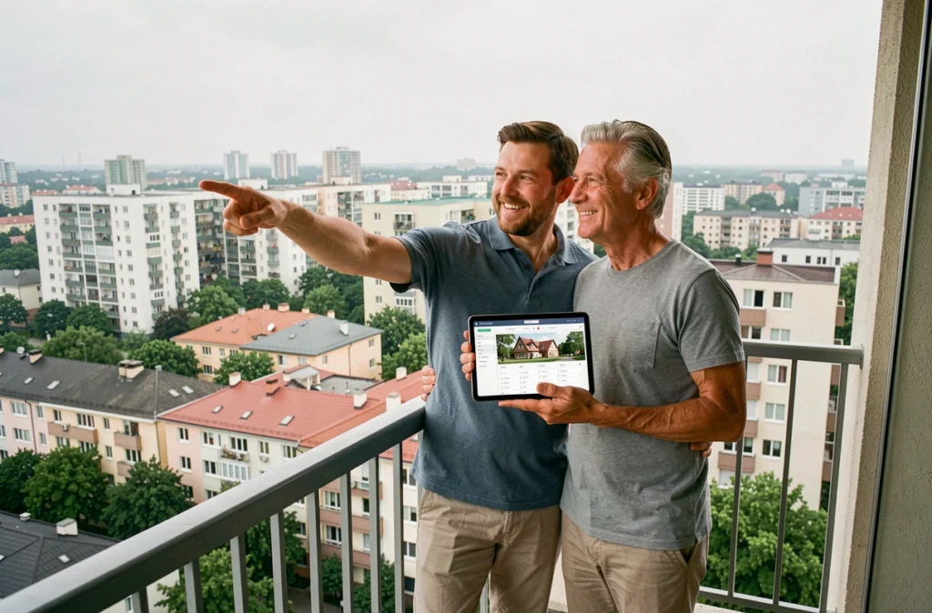 Couple d'investisseurs immobiliers observant le marché locatif depuis un balcon en ville avec une tablette numérique