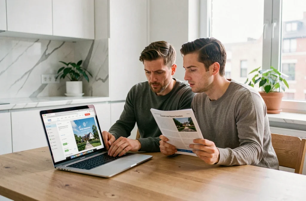Couple vérifiant la fiabilité d'un programme immobilier en ligne depuis leur domicile avant d'investir