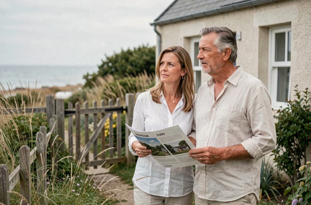 Couple devant une maison normande abordable avec jardin proche de la mer