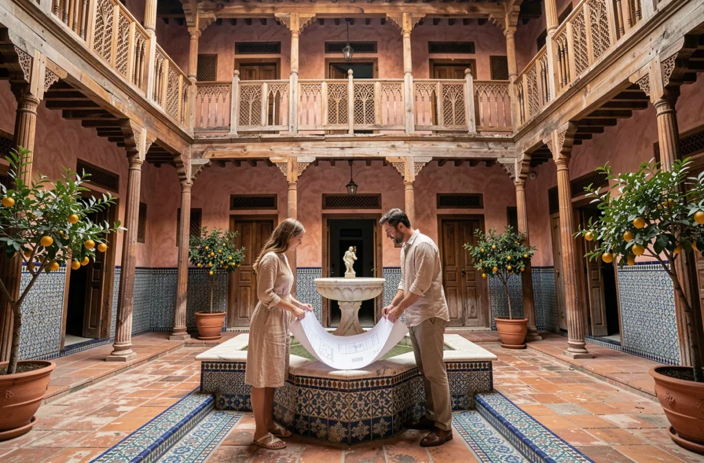 Couple étudiant les plans d'un riad traditionnel en cours de rénovation à Marrakech