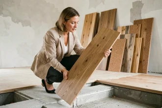 Designer d'intérieur examinant un échantillon de parquet en chêne massif lors d'une rénovation de sol, entourée de matériaux durables