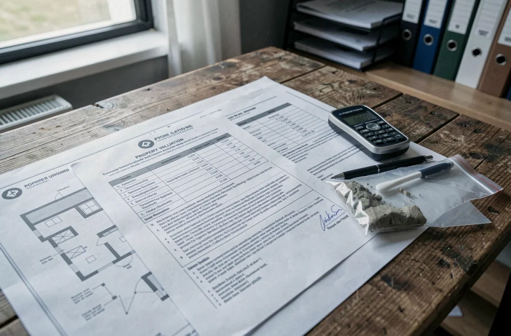 Documents d'expertise moisissures, rapport d'évaluation immobilière et outils de mesure d'humidité sur un bureau lors d'une procédure de litige