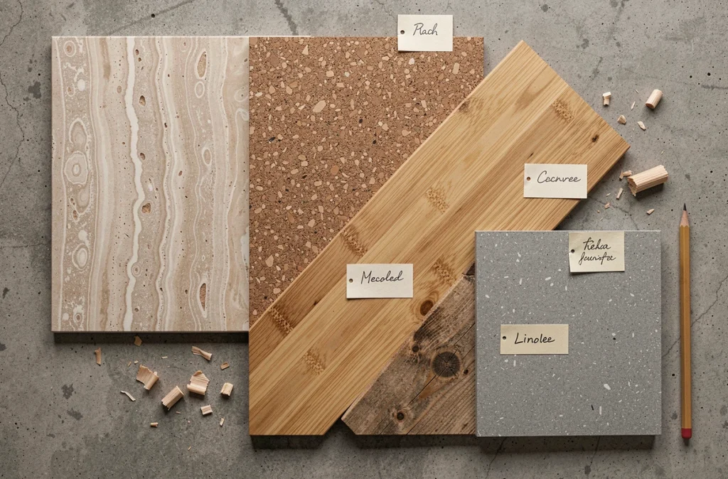 Flat-lay d'échantillons de matériaux de sol durables incluant liège, bambou, travertin et bois récupéré sur béton brut