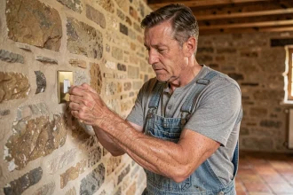 Électricien installant une prise moderne dans un mur en pierre d'une maison ancienne rénovée