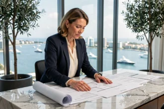 Agent immobilière de prestige analysant des documents d'estimation dans un appartement de luxe avec vue sur la côte