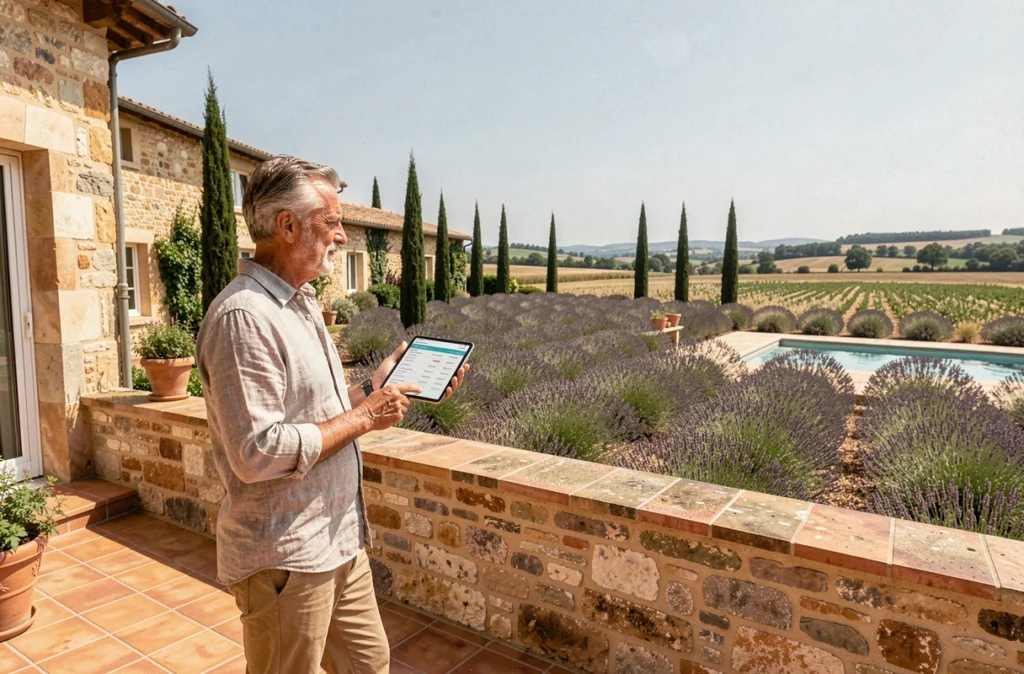 Propriétaire évaluant une villa de prestige en Provence avec vue sur des champs de lavande