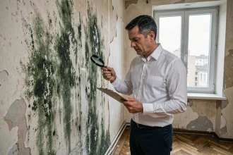 Expert en bâtiment inspectant des moisissures sur un mur d'appartement lors d'une expertise immobilière pour litige