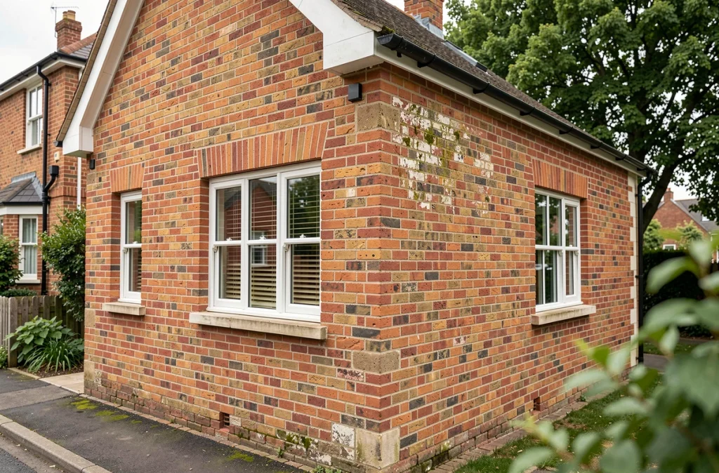 Extension de maison construite avec des briques anciennes réutilisées assortie à l'existant