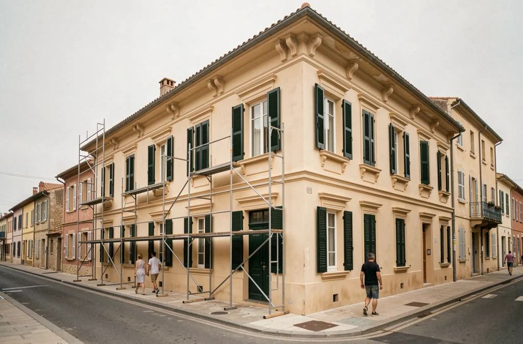 Façade rénovée d'une maison du sud de la France avec enduit ocre et volets verts traditionnels, respectant le style architectural local