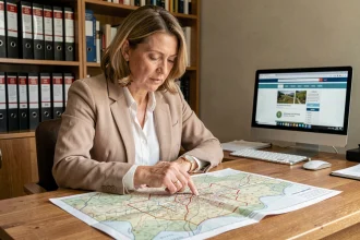 Femme consultant un plan cadastral imprimé à son bureau pour identifier le propriétaire d'une maison