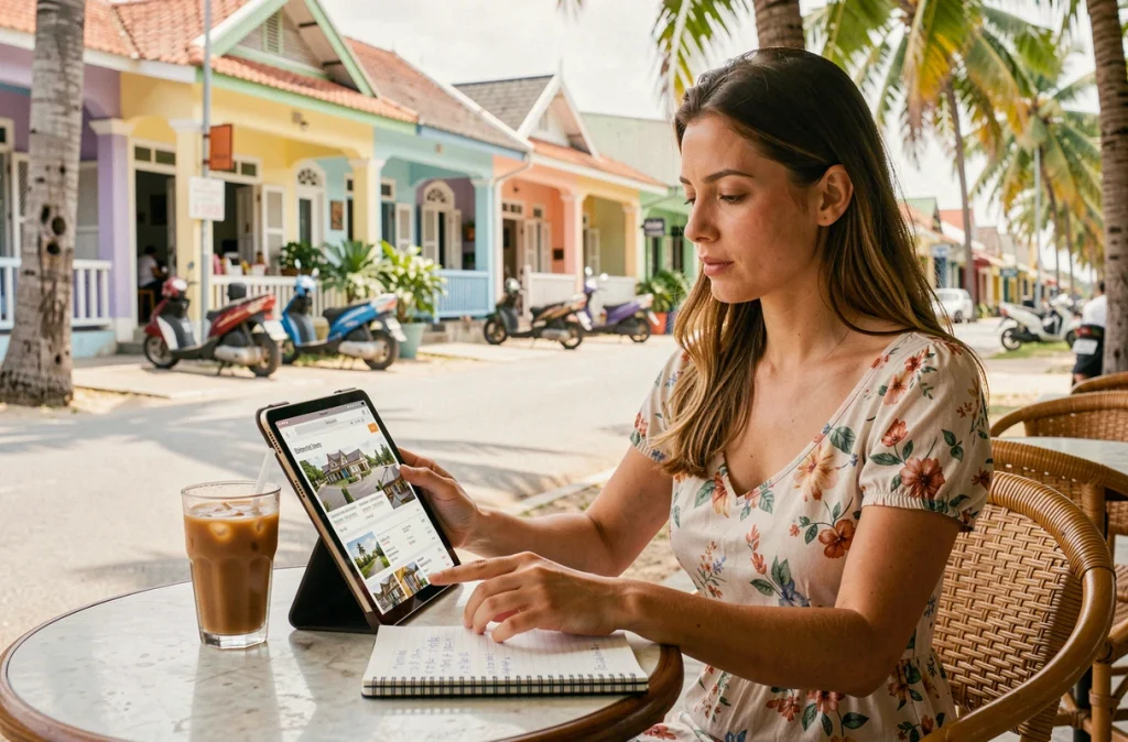 Femme expatriée consultant des annonces de location d'appartement en Thaïlande sur tablette dans un café en bord de mer