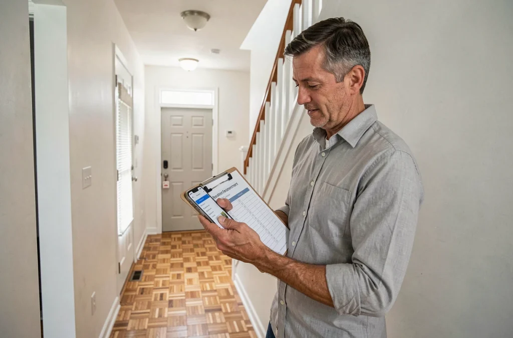 Gestionnaire de biens locatifs utilisant une application mobile de gestion immobilière dans un couloir d'immeuble résidentiel