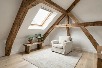 Grenier aménagé en espace de vie avec poutres apparentes, fauteuil en lin et fenêtre de toit Velux