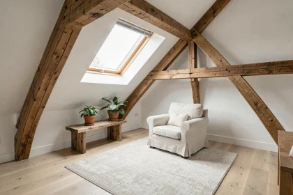 Grenier aménagé en espace de vie avec poutres apparentes, fauteuil en lin et fenêtre de toit Velux