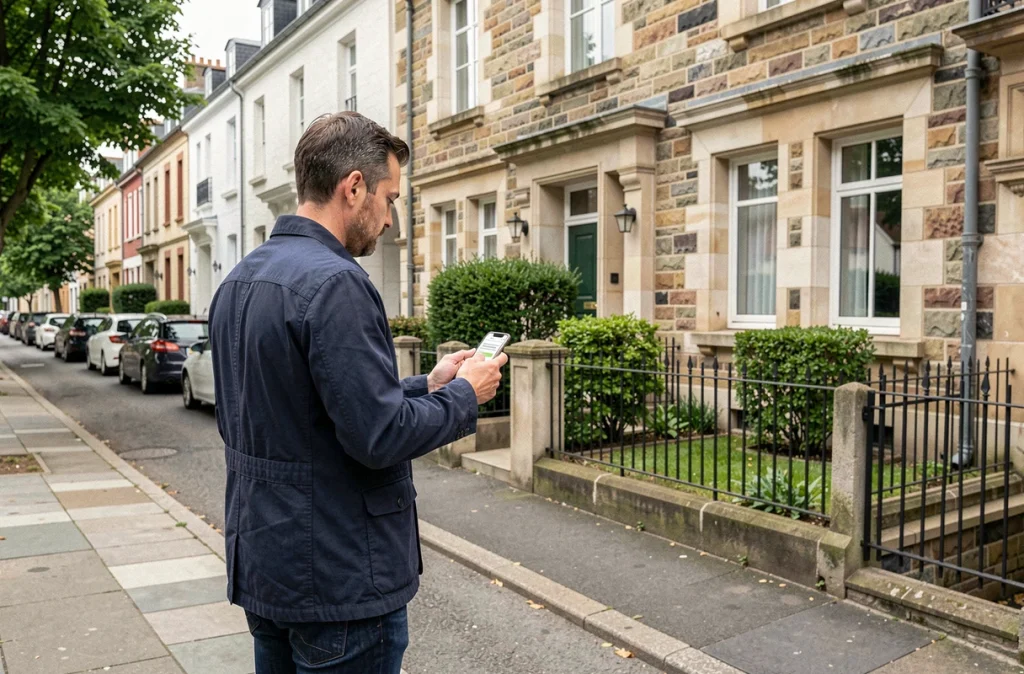 Homme devant une maison résidentielle consultant une application de recherche de propriétaire sur son téléphone