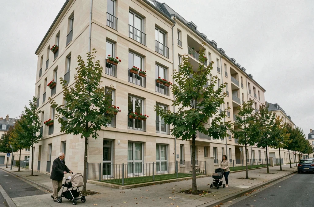 Immeuble de logement social géré par l'office public de Levallois-Perret avec résidents en pied d'immeuble