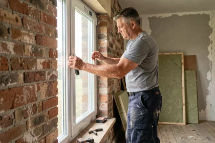 Artisan installant une fenêtre double vitrage pour améliorer l'isolation phonique dans une maison en rénovation
