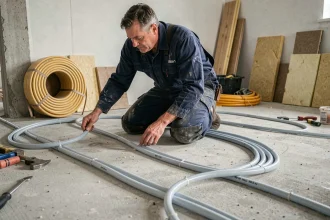 Plombier installant des tubes PEX pour un chauffage au sol dans une pièce en cours de rénovation