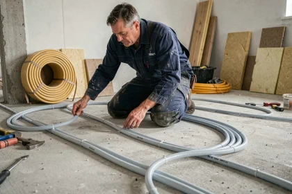 Plombier installant des tubes PEX pour un chauffage au sol dans une pièce en cours de rénovation