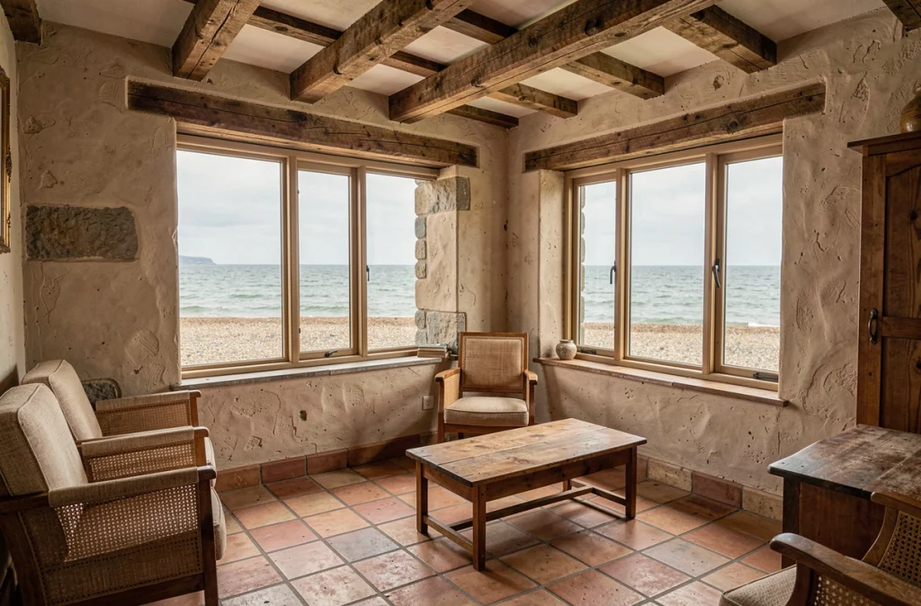 Intérieur d'une maison normande avec vue sur la mer et poutres apparentes