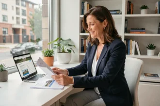 Investisseuse immobilière analysant des offres de placement locatif sur un ordinateur dans un bureau moderne