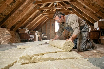Artisan posant de la laine minérale dans les combles d'une maison pour améliorer l'isolation thermique et réduire la facture énergétique