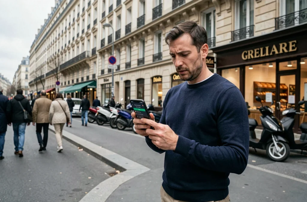 Homme consultant une application de recherche d'annonces immobilières locatives sur smartphone dans une rue parisienne