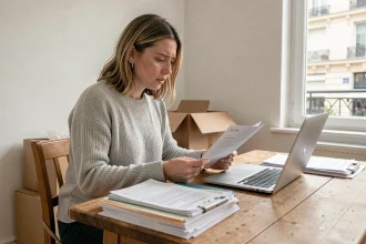 Locataire inquiète relisant son contrat de location non déclaré à la table de sa cuisine dans un appartement parisien