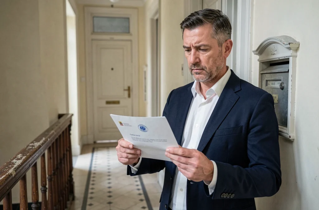 Locataire tenant une lettre recommandée devant la porte de son appartement pour signaler une location non déclarée au propriétaire